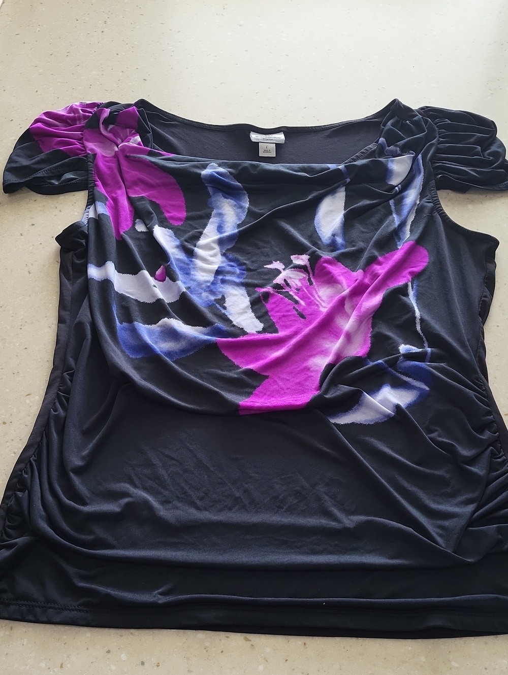 Worthington Black Top with Pink & Blue Floral Print